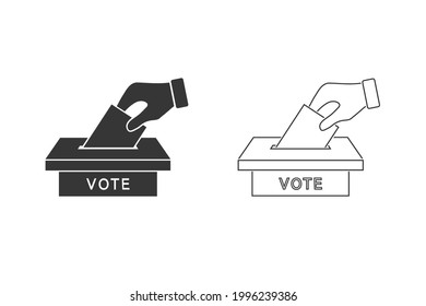 Mano plana colocando el boletín de votos en un juego de iconos de las urnas. Signo de concepto electoral