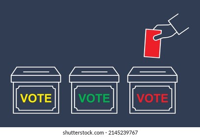 Mano plana colocando el boletín de votación en el icono de la línea de la urna. Signo de concepto electoral
