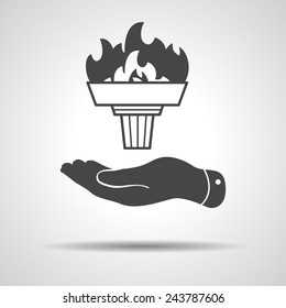 flat hand represents black torch with flame icon - vector illustration