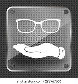 flat hand represents glasses icon on a metallic background