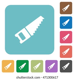 Flat hand saw icons on rounded square color backgrounds.