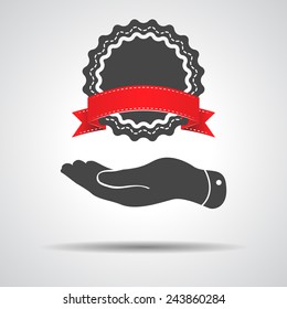 flat hand showing badge with red ribbon icon on a grey background