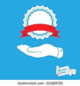 flat hand showing badge with red ribbon icon on a blue background