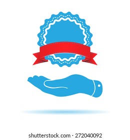 flat hand showing badge with red ribbon icon on a white background