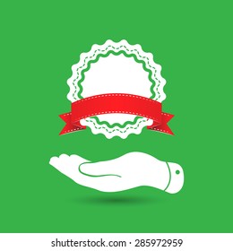flat hand showing badge with red ribbon icon on the green background