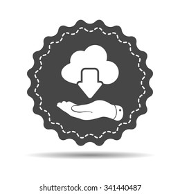 flat hand showing black cloud computing download icon on a white background