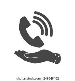 flat hand showing black phone receiver icon on a white background