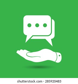 flat hand showing chat icon on the green background