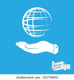 flat hand showing globe planet icon on a blue background