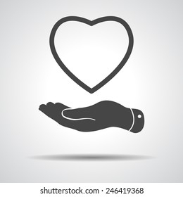 flat hand showing heart icon. Grey bubble  icon for live stream video, chat, likes, websites, blog. Vector illustration