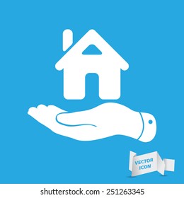 flat hand showing the icon of home - Stay at home vector illustration