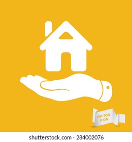 flat hand showing the icon of home - Stay at home vector illustration