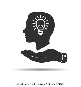 flat hand showing man profile head view with light lamp bulb inside in trendy flat style isolated on white background