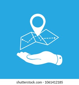 flat hand showing map icon in trendy flat style isolated on blue background