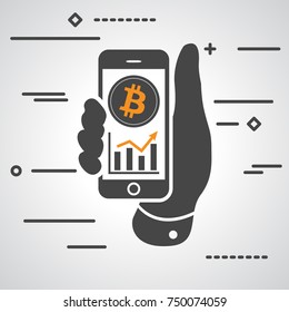 flat hand showing phone with bitcoin graph going up