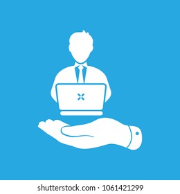 flat hand showing User icon in trendy flat style isolated on blue background