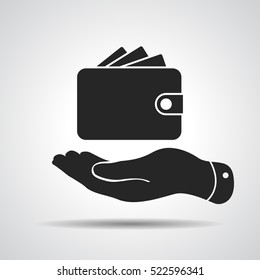 flat hand showing wallet Icon in trendy flat style isolated on grey background. Wallet symbol for your design