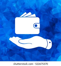 flat hand showing wallet Icon in trendy flat style on blue polygonal background. Wallet symbol for your design