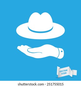 flat hand showing white hat icon on a blue background