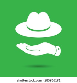 flat hand showing white hat icon on a green background