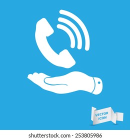 flat hand showing white phone receiver icon on a blue background
