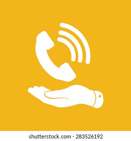 flat hand showing white phone receiver icon on yellow background