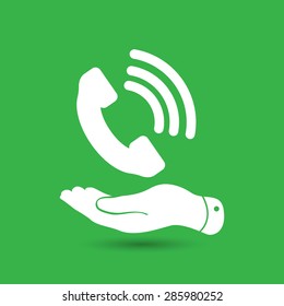 flat hand showing white phone receiver icon on the green background