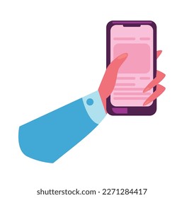 mano plana con un smartphone sobre blanco