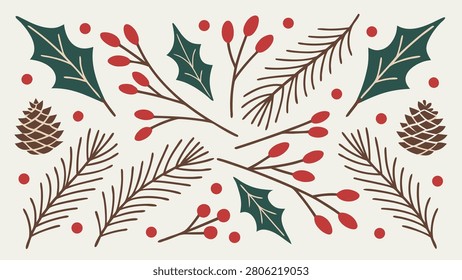 A flat, hand-drawn botanical pattern featuring winter arranged on a cream-colored background. The composition includes dark green holly leaves with light beige veins, brown pinecones with cross-hatched textures, brown pine needle branches, and sprigs of red berries. Scattered red dots fill the negative space between the botanical motifs. The style is simple and with clean lines and a limited color palette of red, green, brown, and cream.