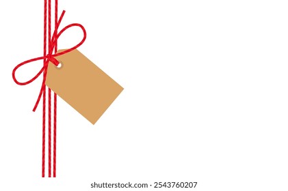 Flat hand-drawn bow, gift tied up with cotton red rope bakers twine and ribbon with blank kraft paper tag. Packing string for present, pastry box for New Year, Christmas.EPS10 on transparent backgroud