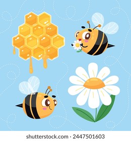 Flat Hand-Drawn Cartoon Bee Elements