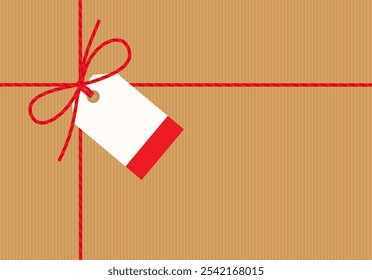 Flat hand-drawn craft background, gift tied up with cotton red rope bakers twine bow and ribbon with blank kraft paper tag. Packing string for present, pastry box for New Year, Christmas. Vector EPS10