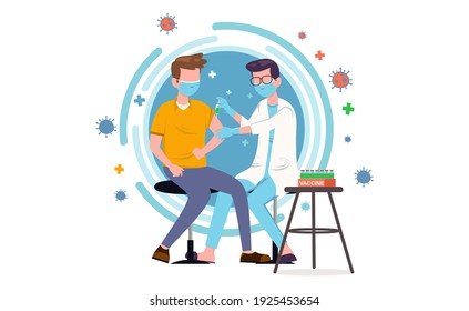 Flat hand-drawn illustrated coronavirus vaccination. A vector design of a man get injected with covid-19 vaccine by a doctor.