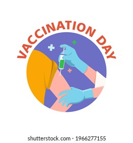Flat hand-drawn illustrated coronavirus vaccination. A vector design of a logo or a symbol for vaccination day.