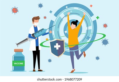 Flat hand-drawn illustrated coronavirus vaccination. A vector design of a woman had already been injected with covid-19 vaccine by a doctor.