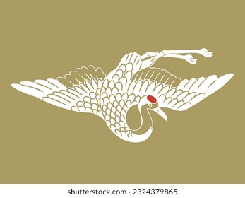 Flat Hand-drawn Illustration of Flapping Japanese Crane (Tancho)
