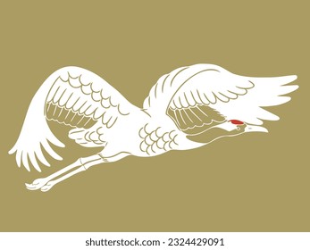 Flat Hand-drawn Illustration of Flying Japanese Crane (Tancho)
