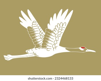 Flat Hand-drawn Illustration of Flying Japanese Crane (Tancho)
