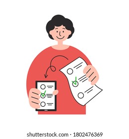 Flat hand-drawn illustration of non-binary person with phone and election list in hands. Electronic vote, online poll concept. Minimalist vector design for web banner, social media, advertising.