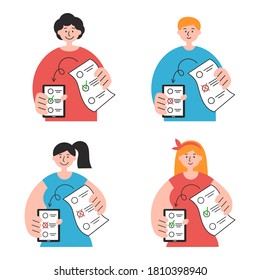 Flat hand-drawn illustration set of men and women with smartphone and election list in hands. Online poll, electronic vote concept. Vector art design for web banner, social media, advert, poster.