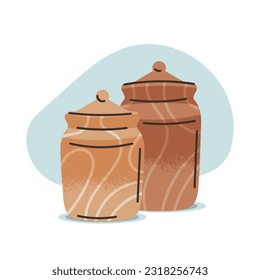 Flat hand-drawn vector illustration of wooden jars for storage of cereals. Scandinavian style in the interior. Cozy hygge atmosphere at home.