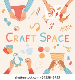 Flat handmade art craft space banner concept, cartoon hands create colorful craftwork hobby collection, creative workshop top view vector illustration, handicraft children activity social concept