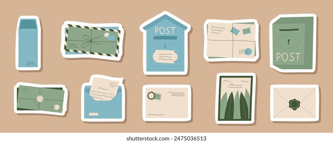 Flat handmade mail sticker pack design, creative greeting mail with paper note patch, trendy handwritten letter in sealed envelope badge, cartoon mailbox with post card and letter illustration.