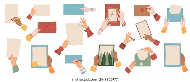 Flat hands with blank mail and letters set illustration, colorful isolated hand writing letter template, woman sends envelope and package, cartoon character holds sheet of paper collection.
