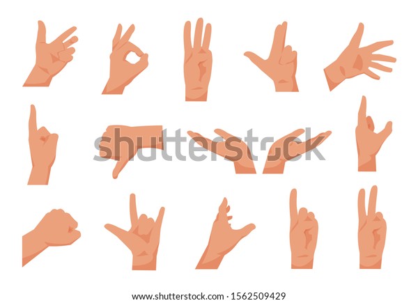 平手 人間の男の手が親指を上げ 指差し 挨拶をする様子を漫画で描いています 白い背景にプレゼンテーション用に さまざまなポーズで描く腕のジェスチャのベクター画像コレクション のベクター画像素材 ロイヤリティフリー