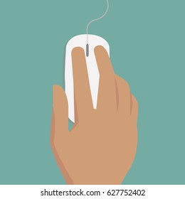 Flat Hands clicking on mouse with cable and pastel background vector