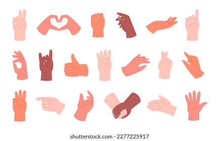 Manos planas gestos, pulgar hacia arriba y manos arriba. Sacudir las manos, gestos de las palmas en la charla. Distintas poses de dedo, puño y brazo abierto, clíparte vectorial de encaje