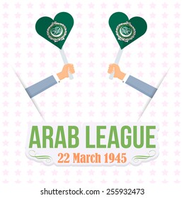 Flat Hands hold Arab League Flag, Arabic Typographic Text English Translation "League of Arab States" 