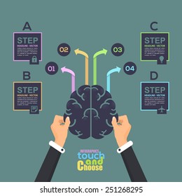 Flat Hands hold Brain Symbol, Infographics Template - Business, Marketing Touch and Choose Concept Vector Design 