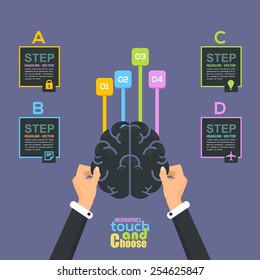 Flat Hands hold Brain Symbol, Infographics Template - Business, Marketing Touch and Choose Concept Vector Design
